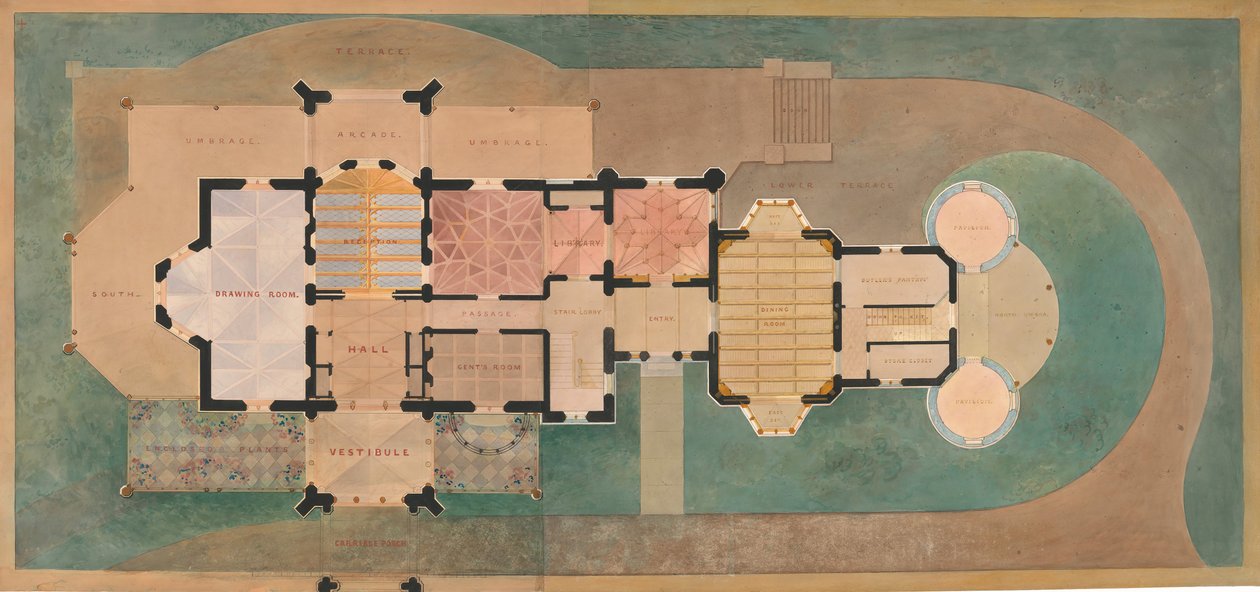 Lyndhurst para George Merritt, Tarrytown, Nova York, planta do primeiro andar, 1865. de Alexander Jackson Davis