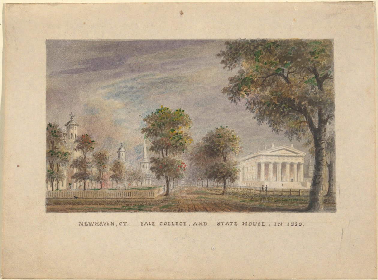 CT de New Haven. Colégio e Casa de Estado de Yale, em 1830 de Alexander Jackson Davis