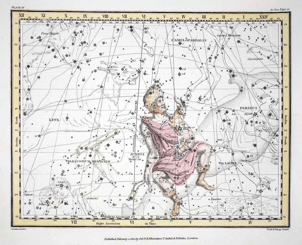 As Constelações (Placa IV) Auriga, Camelopaardalis, Telescopium Herschelli, de &39;A Celestial Atlas&39; por Alexander Jamieson, pub. Londres 1822 (gravura colorida à mão) de Alexander Jamieson