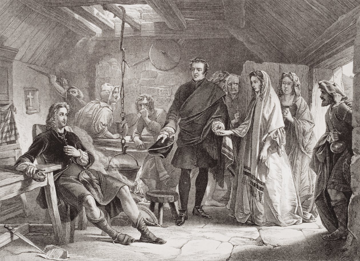 O primeiro encontro do Príncipe Charles e Flora Macdonald na ilha de South Uist, 1747, de "Ilustrações da História Escocesa e Inglesa", Volume II de Alexander Johnston