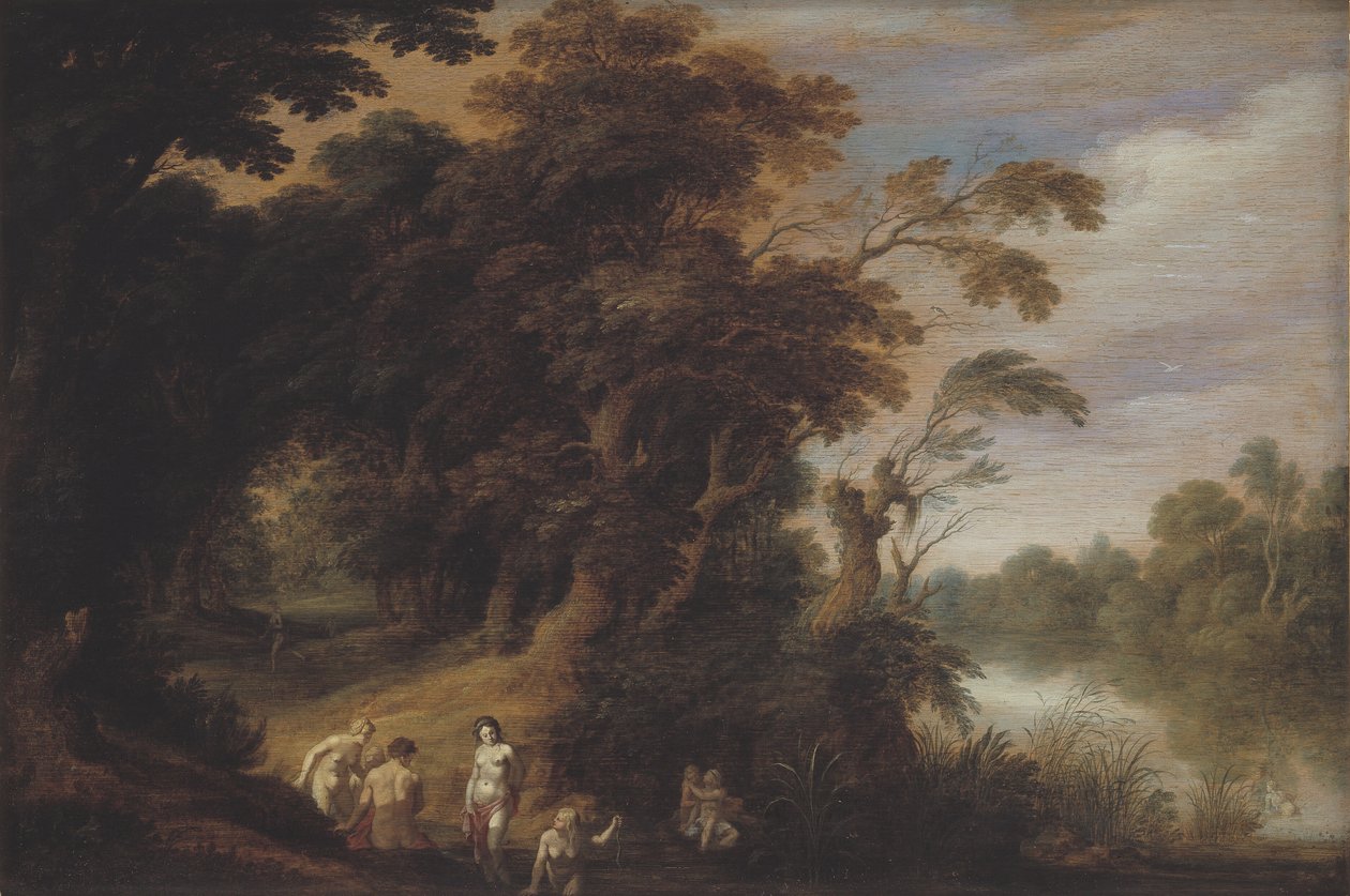 Paisagem arborizada com ninfas de banho de Alexander Keirincx