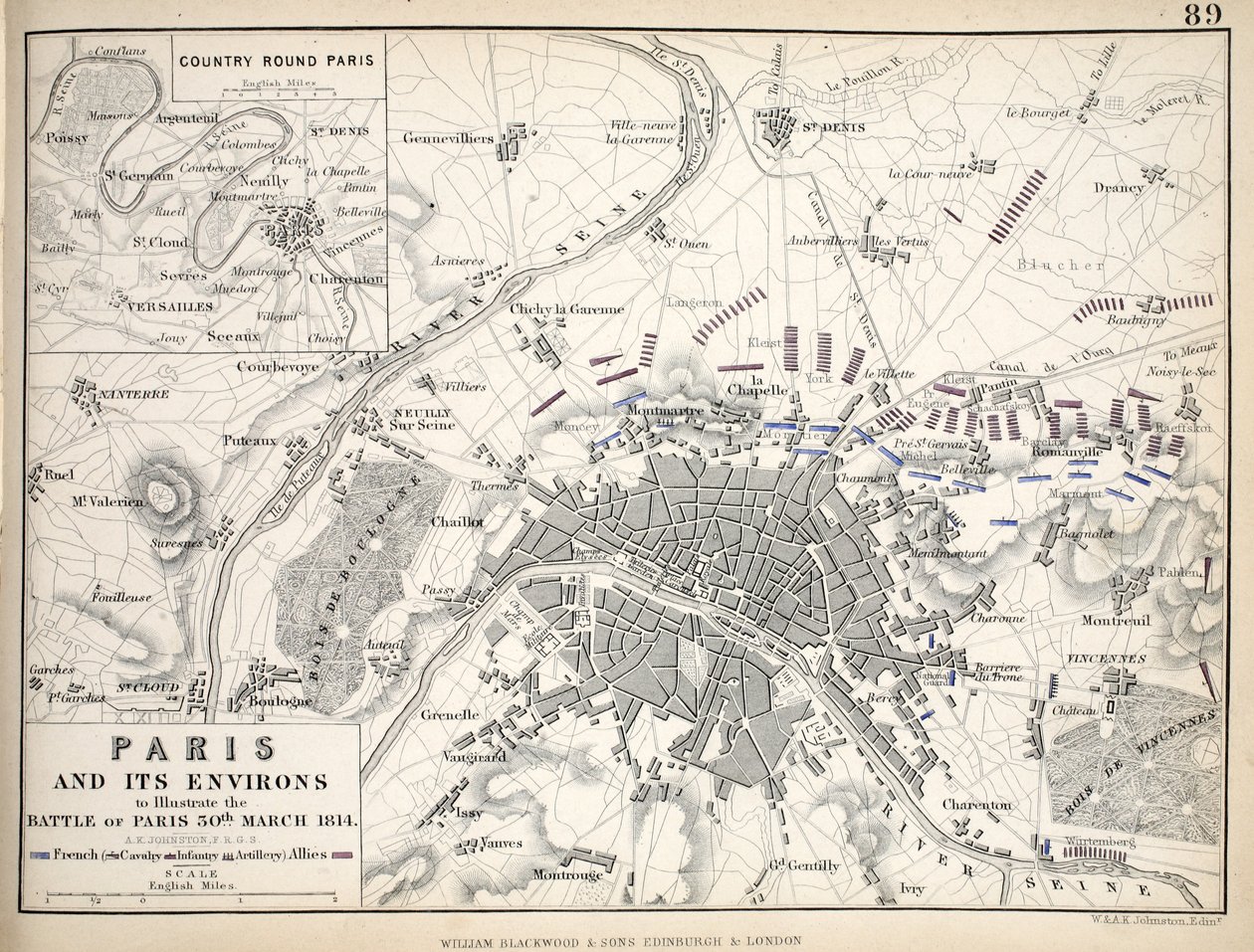 Mapa de Paris e seus arredores, publicado por William Blackwood and Sons, Edinburgh & London de Alexander Keith Johnston