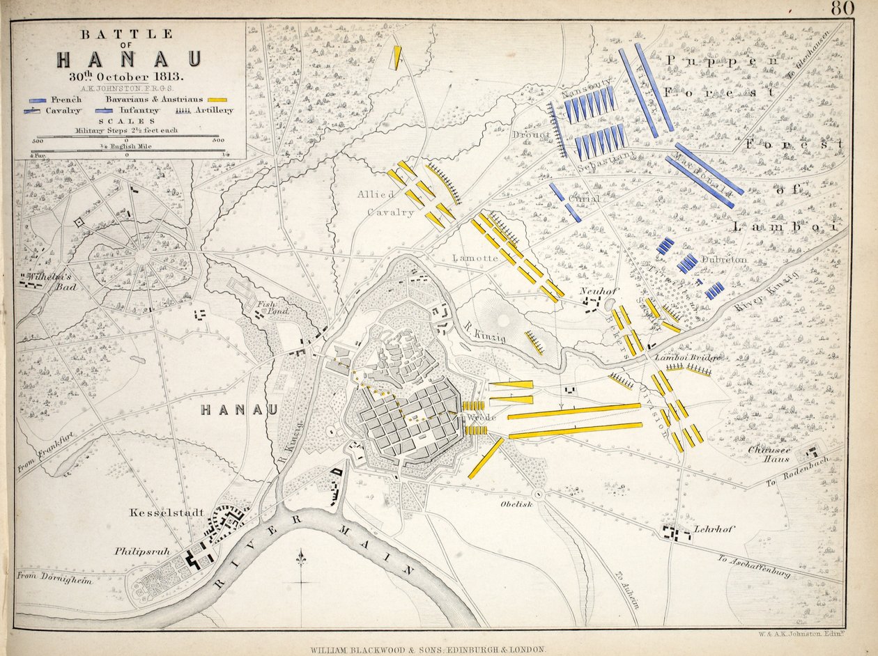 Mapa da Batalha de Hanau, publicado por William Blackwood and Sons, Edimburgo e Londres, 1848 (gravura colorida à mão) de Alexander Keith Johnston