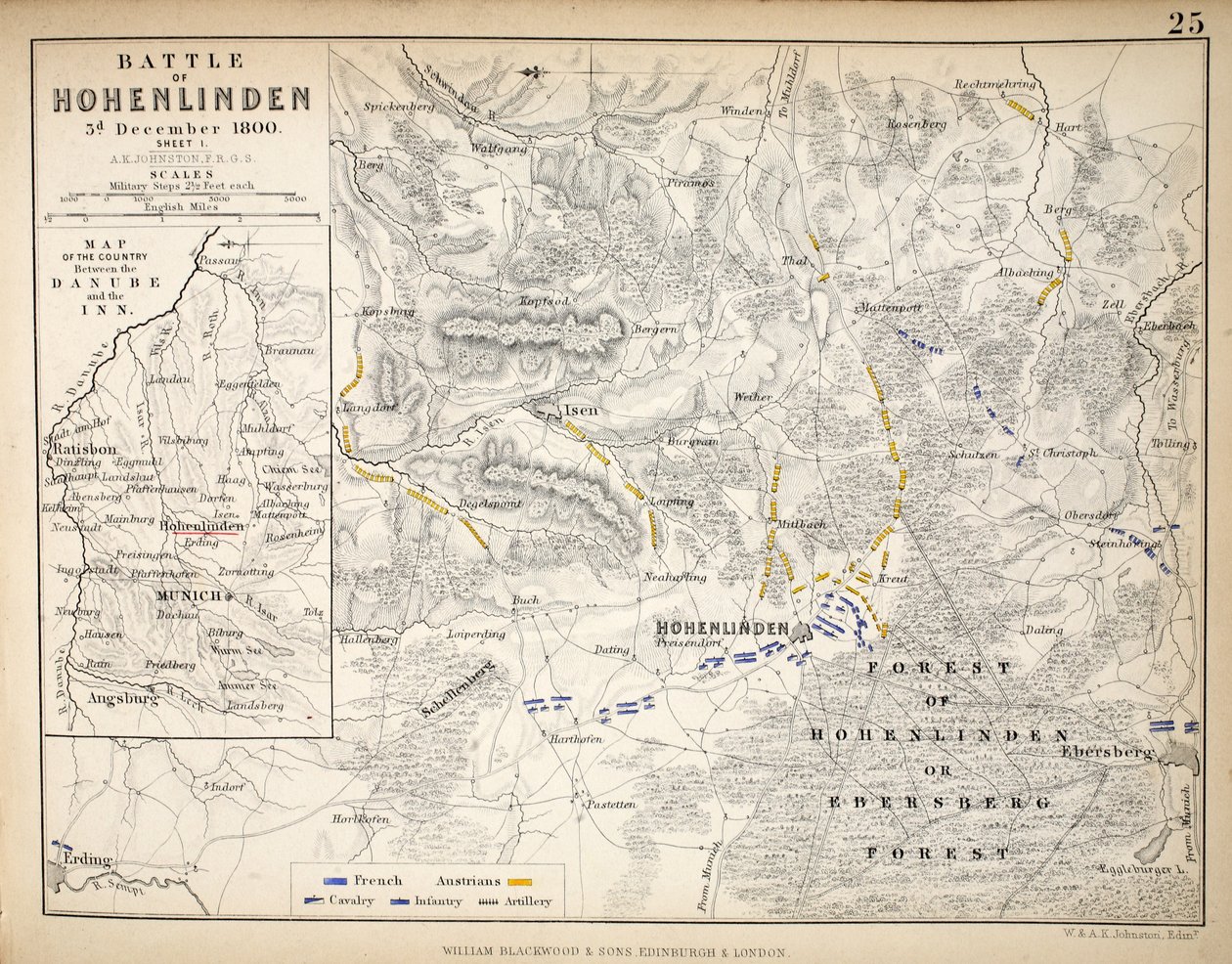 Mapa da Batalha de Hohenlinden, publicado por William Blackwood and Sons, Edimburgo e Londres, 1848 (gravura colorida à mão) de Alexander Keith Johnston