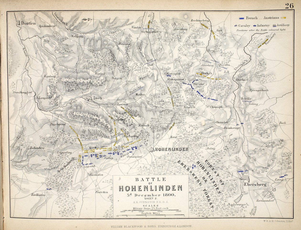 Mapa da Batalha de Hohenlinden, publicado por William Blackwood and Sons, Edimburgo e Londres, 1848 (gravura colorida à mão) de Alexander Keith Johnston