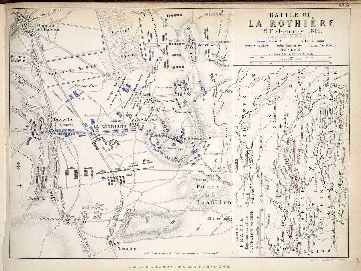 Mapa da Batalha de La Rothiere, publicado por William Blackwood and Sons, Edimburgo e Londres, 1848 (gravura colorida à mão) de Alexander Keith Johnston