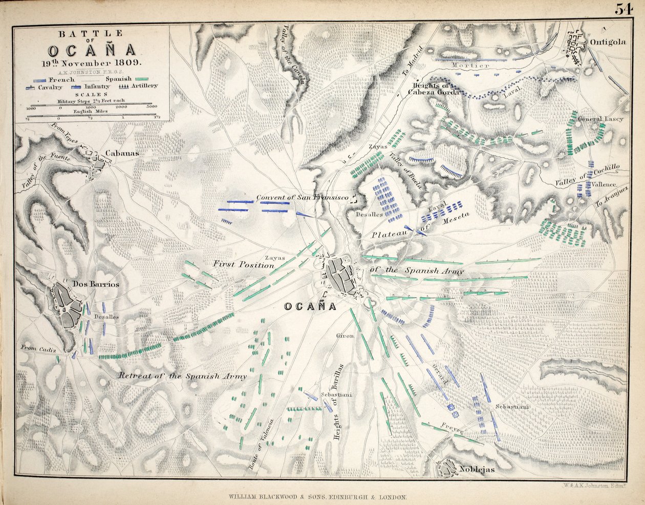 Mapa da Batalha de Ocana, publicado por William Blackwood and Sons, Edimburgo e Londres, 1848 (gravura colorida à mão) de Alexander Keith Johnston