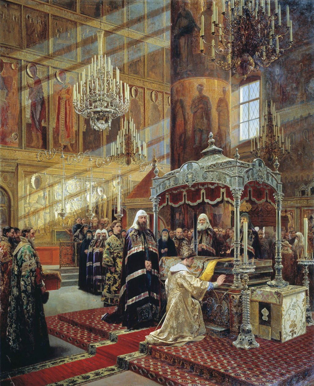 Czar Alexis e Patriarca Nikon no caixão do Metropolita Filipe de Moscou, século XVII 1886 de Alexander Litovchenko