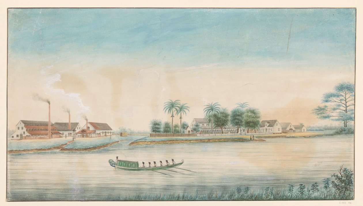 Vista da plantação de açúcar Catharina Sophia da água de Alexander Ludwich Brockmann