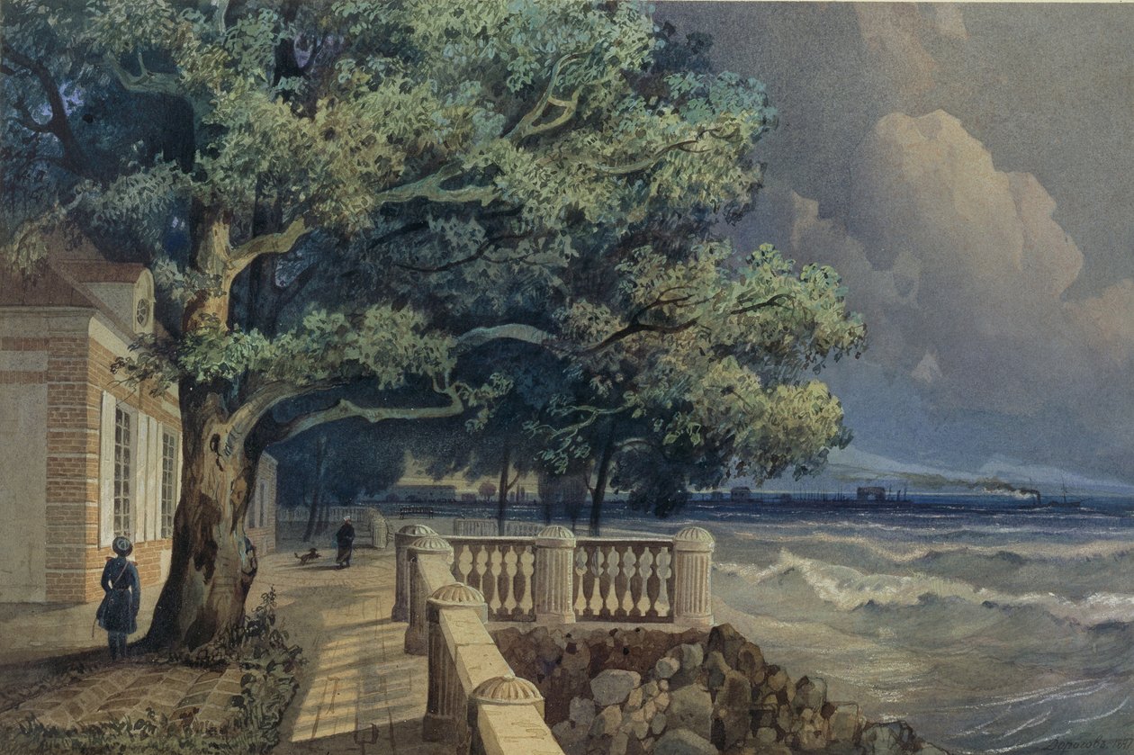 Terraço no Palácio Monplaisir, Peterhof, 1847 de Alexander Matveyevich Dorogov