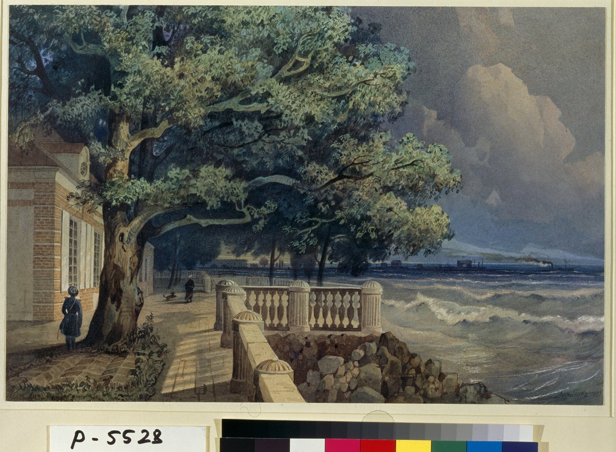 ""Vista do terraço do Palácio de Monplaisir, Palácio de Peterhof"" (Terraço do Palácio de Monplaisir, Peterhof) Aquarela de Alexander Matveyevich Dorogov (1819-1850) 1847 State Hermitage, São Petersburgo (Museu Hermitage, São Petersburgo) de Alexander Matveyevich Dorogov