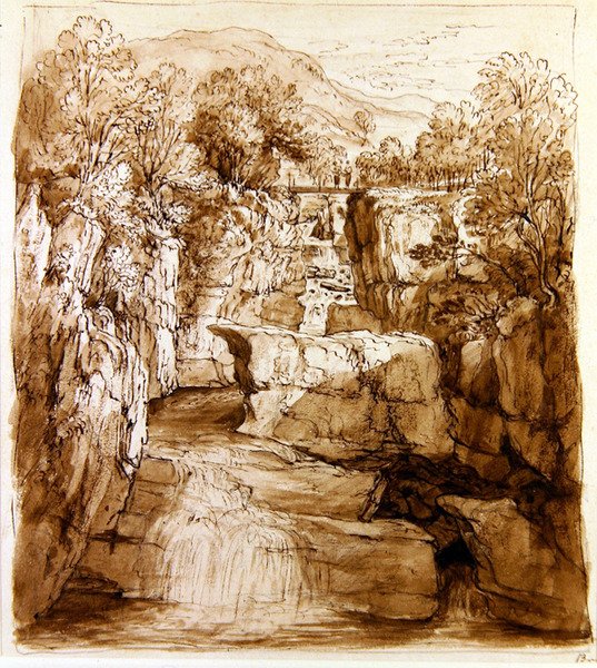 The Bracklinn Falls, Perthshire, c.1810 (caneta e tinta marrom com lavagem em papel) de Alexander Nasmyth