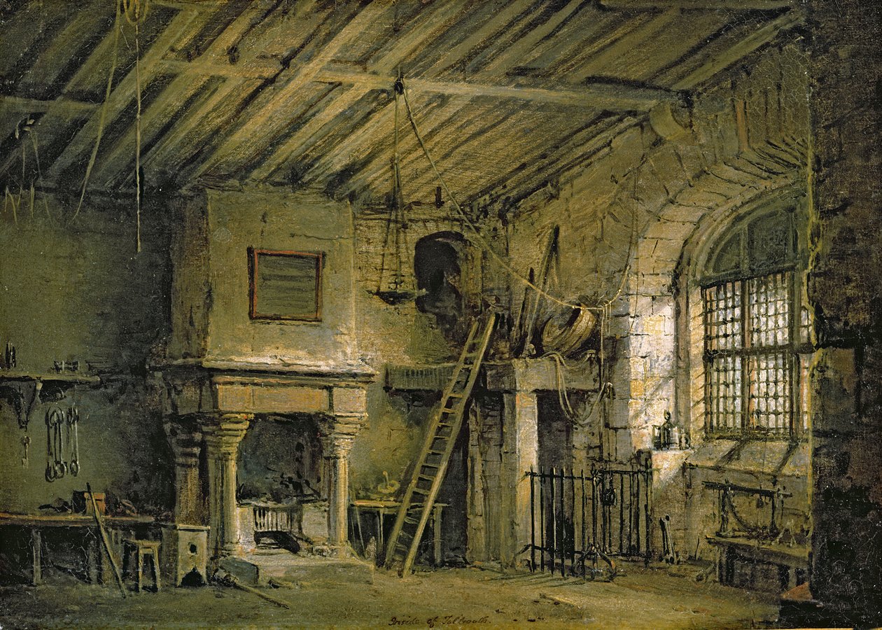 O Tolbooth, projeto do palco para &39;The Heart of Midlothian&39;, c.1819 (óleo sobre tela) de Alexander Nasmyth