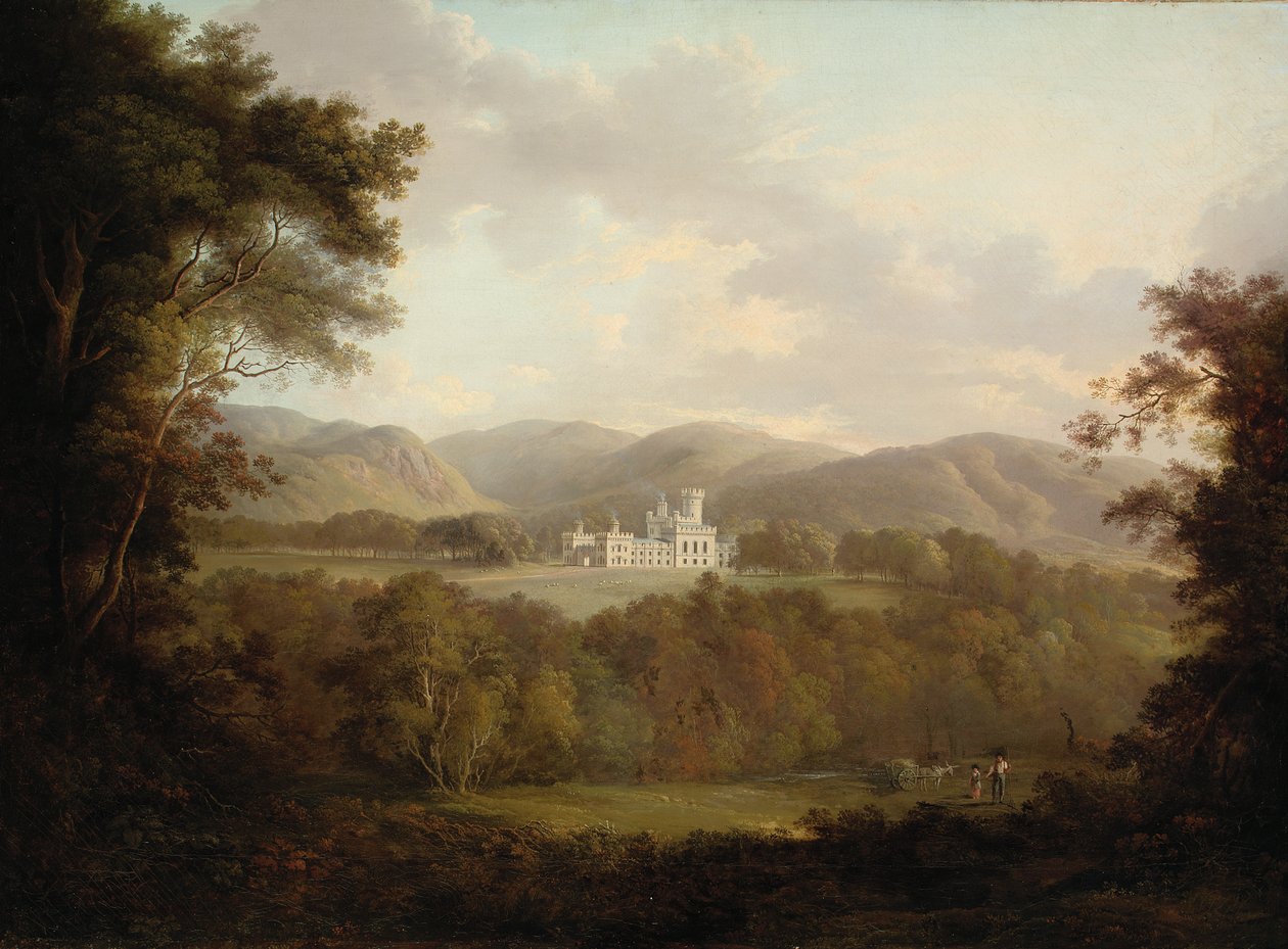 Vista do Castelo Dreghorn, Midlothian, com figuras e um carrinho de feno em primeiro plano (óleo sobre tela) de Alexander Nasmyth