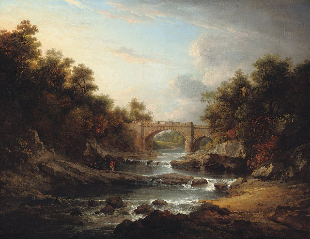 Vista no rio Almond, perto de Edimburgo, com a ponte Almondell e um pescador de Alexander Nasmyth
