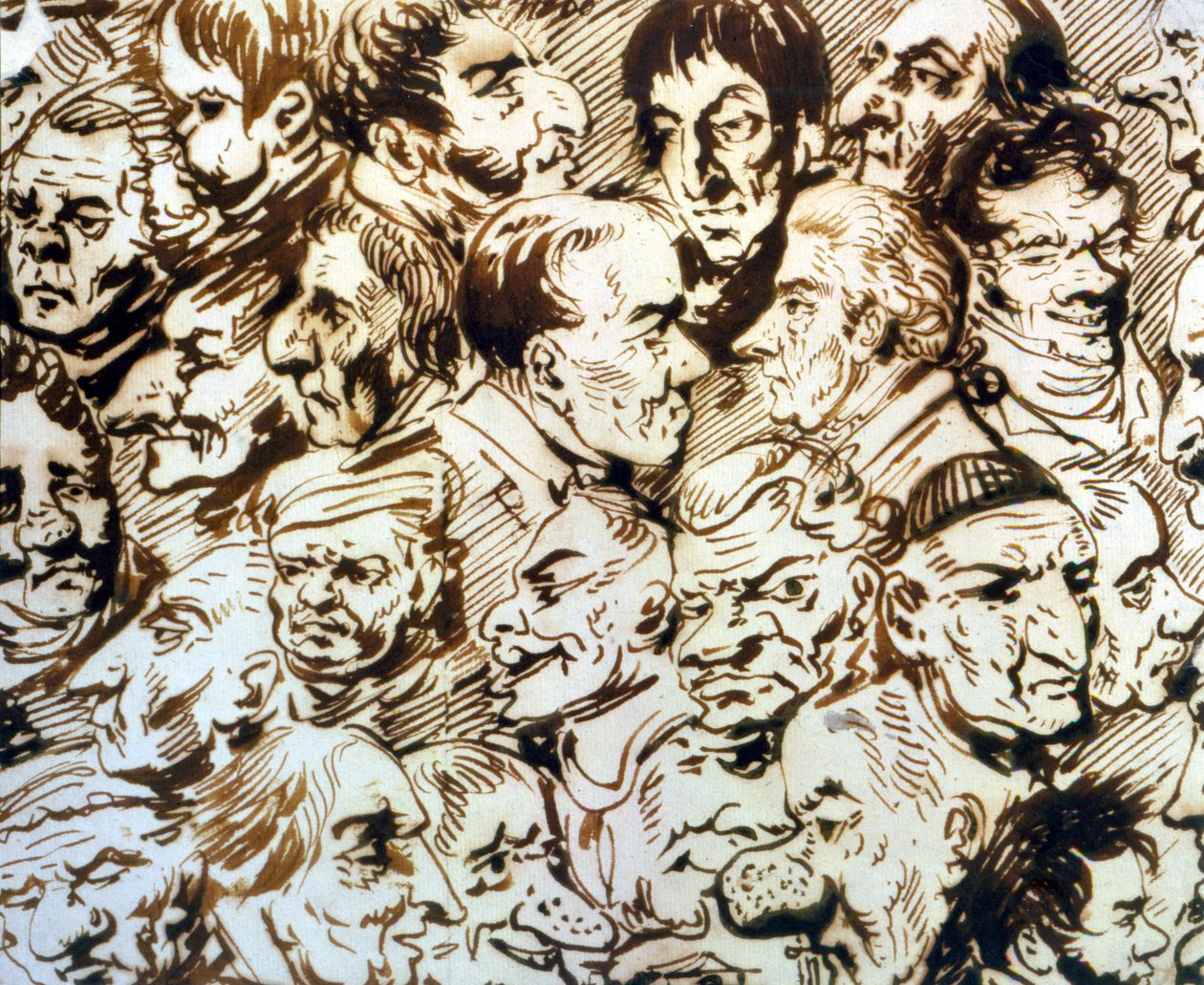 Auto-retrato com retratos de Giacomo Quarenghi (1744-1817) e Thomas de Thomon (c.1754-1813) (caneta e tinta sobre papel) de Alexander Osipovich Orlowski