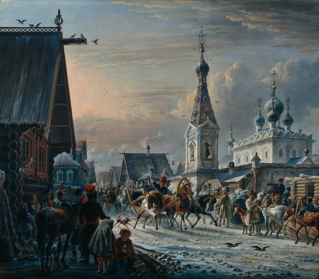Rua com treinadores de correio, 1829 de Alexander Osipovich Orlowski