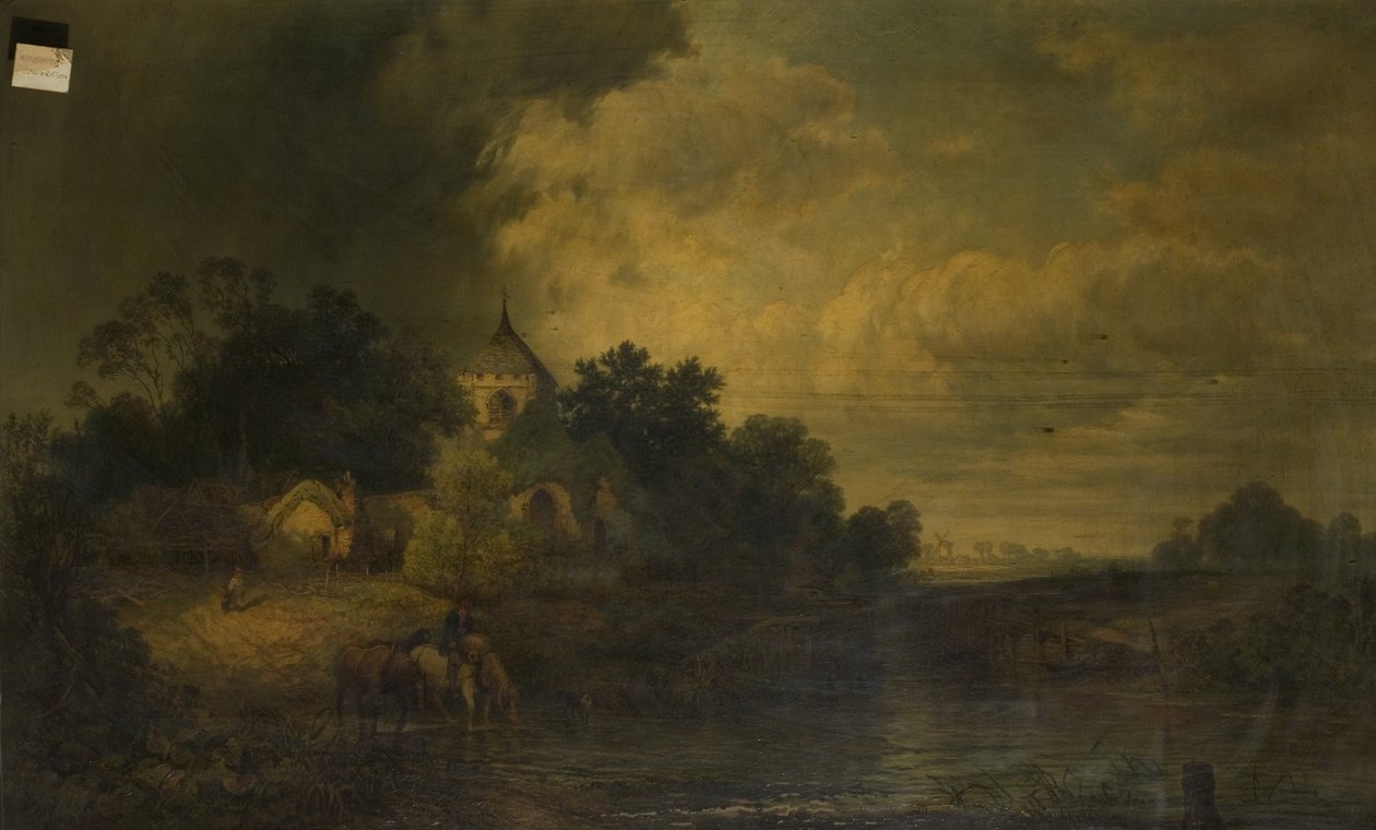 Paisagem romântica com cavalos bebendo, final do século XIX de Alexander Panton