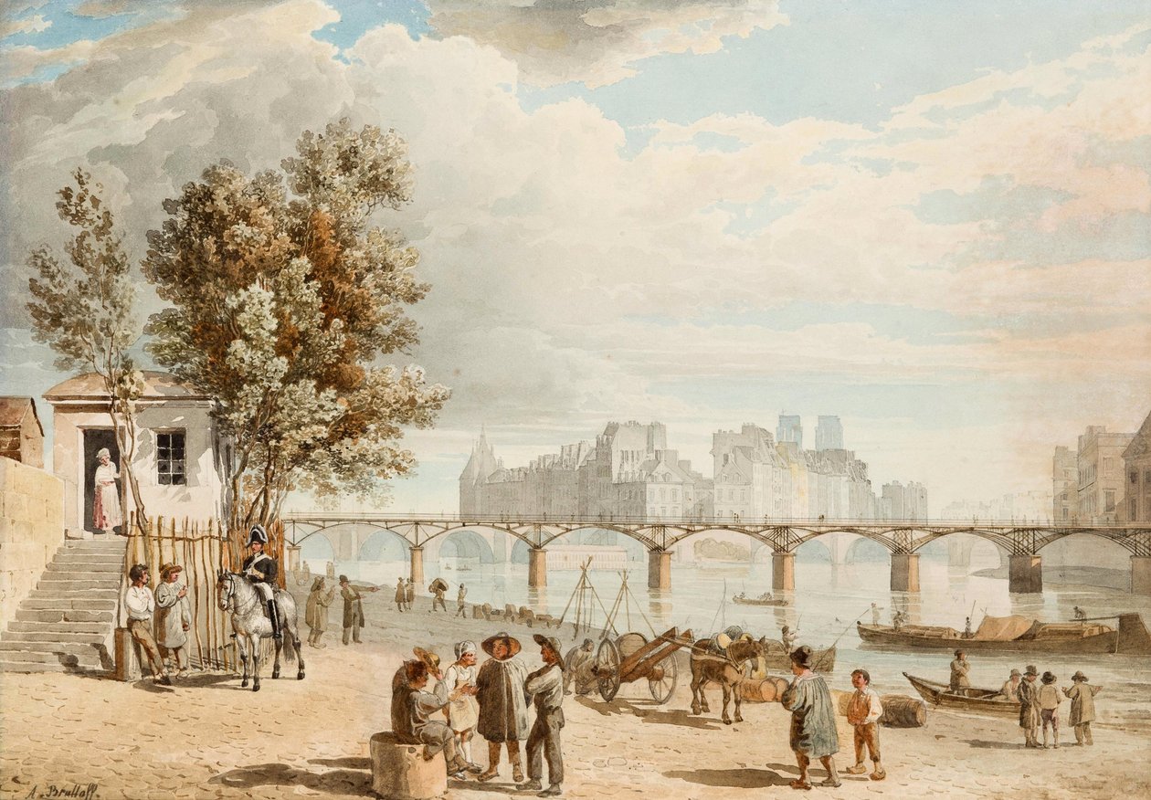 Vue de Paris - Pont des Arts (França) (Vista de Paris) - Obra de Alexander Pavlovich Briullov (Alexandre Brioullov) (1798-1877), aquarela sobre papel (21x30 cm), arte russa do século XIX, romantismo - Coleção particular de Alexander Pavlovich Briullov