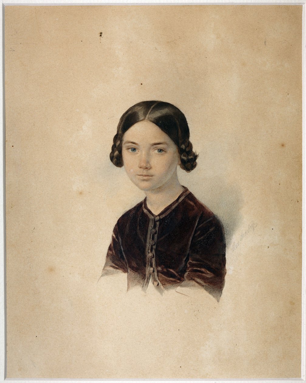 Retrato de Sofia Alexandrovna Briullowa (1848-1901) por Sokolov, Alexander Petrovich (1830-1911). Aquarela sobre papelão, final da década de 1850-início da década de 1860, Museu Estadual de A.S. Pushkin, Moscou de Alexander Petrovich Sokolov