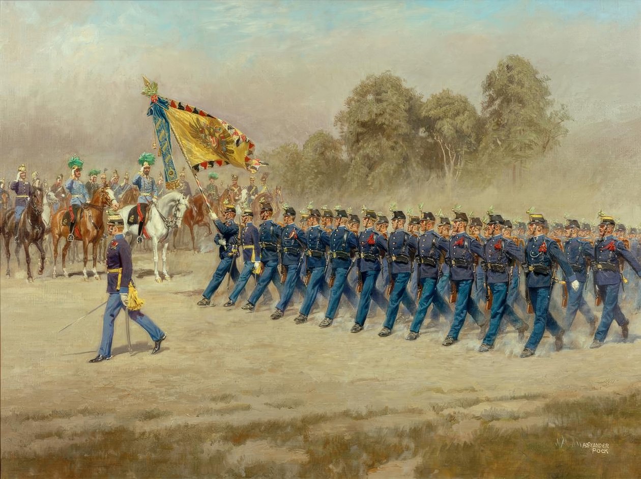 K. u. k. k. Regimento de Infantaria Hoch- und Deutschmeister nº 4 desfila em frente ao Arquiduque Eugene de Alexander Pock
