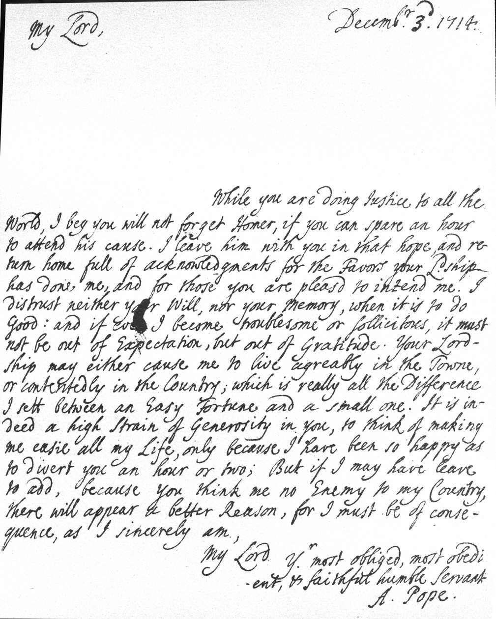 Carta de Alexander Pope a lorde Halifax pedindo-lhe que não esquecesse sua tradução de Homero, que ele dera a lorde Halifax antes da publicação e também lhe agradeceu por favores e generosidade, de Alexander Pope