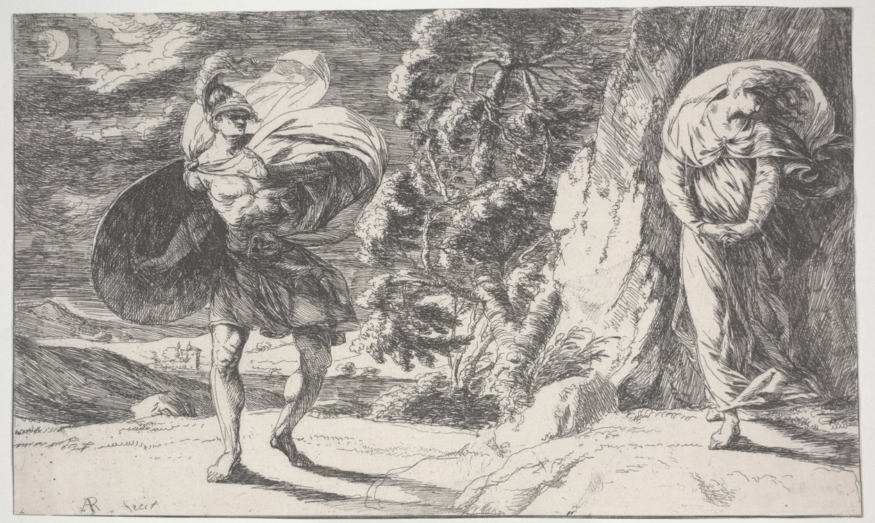 Fingal Encounters Carbon Carglass, primeiro impresso c.1773 (gravura) de Alexander Runciman