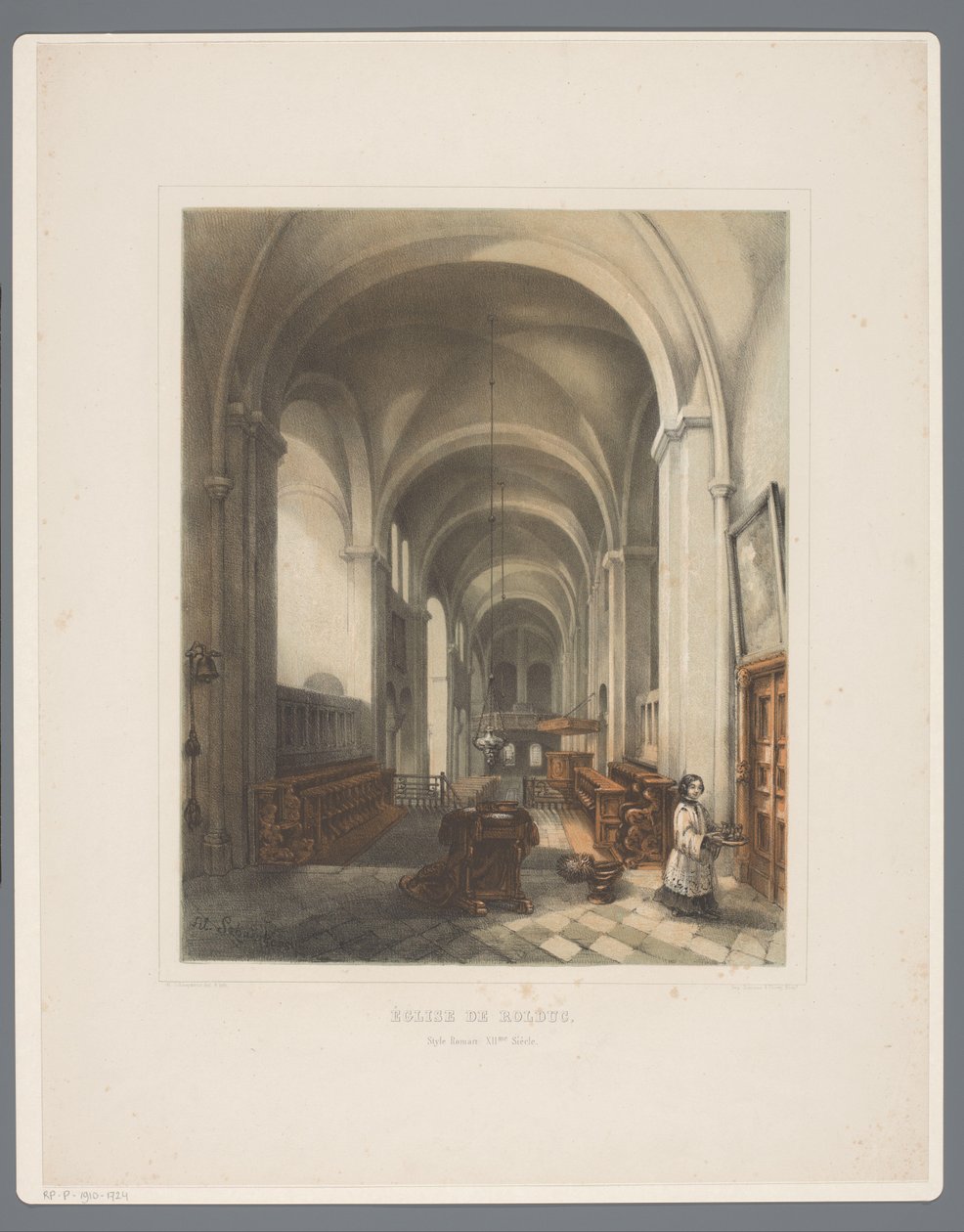 Interior da Igreja da Abadia de Rolduc Ab Église de Rolduc, Style Roman XIIme Siècle (título no objeto) Rolduc et ses environs (título da série) de Alexander Schaepkens