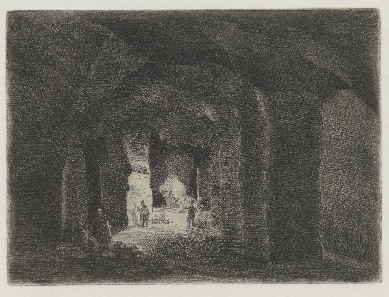 Sistema de túneis subterrâneos em Sint Pietersberg em Maastricht Pres de la Meuse, 11 Eaux-Fortes (título da série) de Alexander Schaepkens