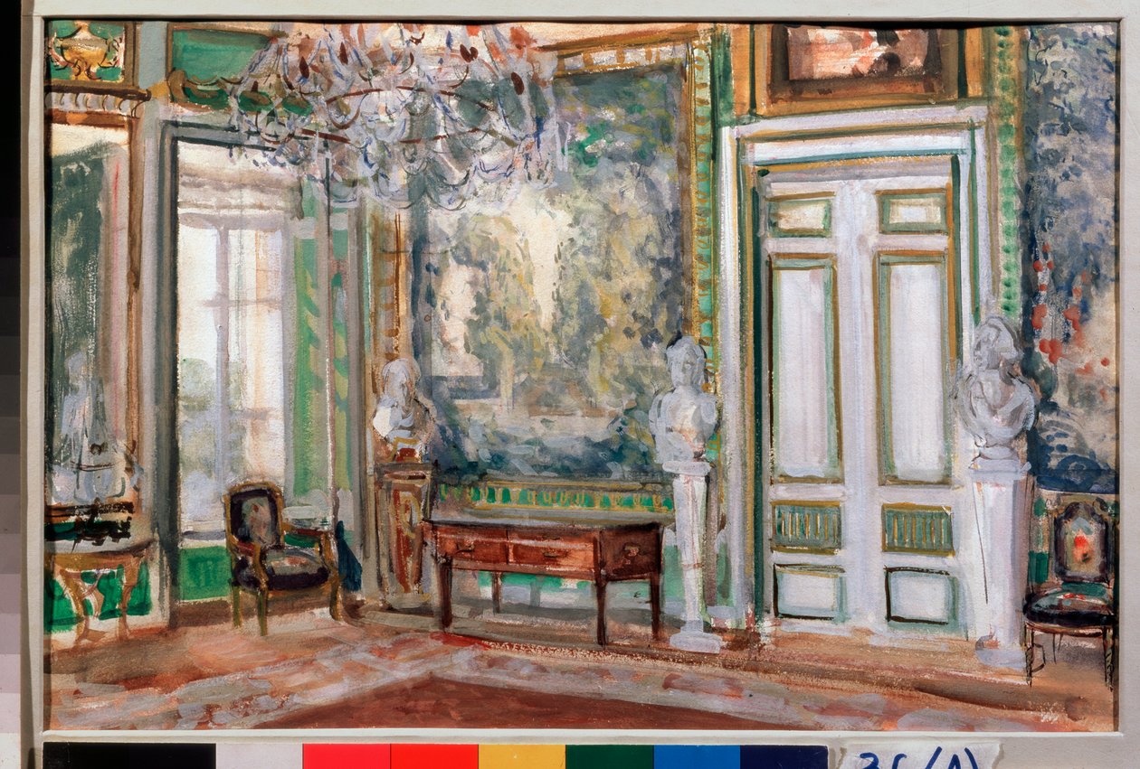 A sala de tapeçaria do Palácio Kuskovo do Conde Sheremetyev - Obra de Alexander Valentinovich Sredin (Sredine) (1872-1934), guache sobre papel de Alexander Sredin