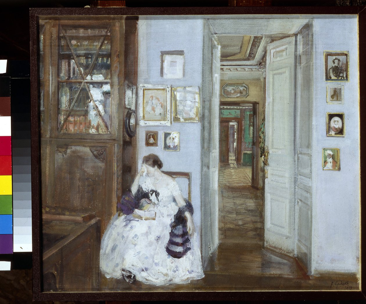 Ler. A propriedade Polotnyany Zavod (Rússia). (Leitura. A propriedade Polotnyany zavod). Uma mulher com o rosto escondido em um lenço, chora enquanto lê. Obra de Alexander Valentinovich Sredin (Sredin) (1872-1934), têmpera sobre papelão de Alexander Sredin