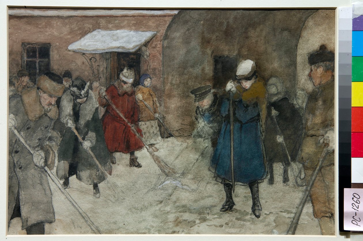 Pessoas varrendo a neve em uma rua no inverno - Obra de Alexander Ivanovich Vakhrameyev (1874-1926), cerca de 1921 - Remoção de neve - Aquarela, cor branca, giz preto sobre papel de Alexander Ivanovich Vakhrameyev (1874-1926), ca 1921 - 21,4x29 0,5cm - St de Alexander Vakhrameyev