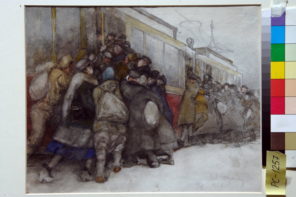 Pessoas tentam embarcar em um bonde já cheio - Obra de Alexander Ivanovich Vakhrameyev (1874-1926) de Alexander Vakhrameyev