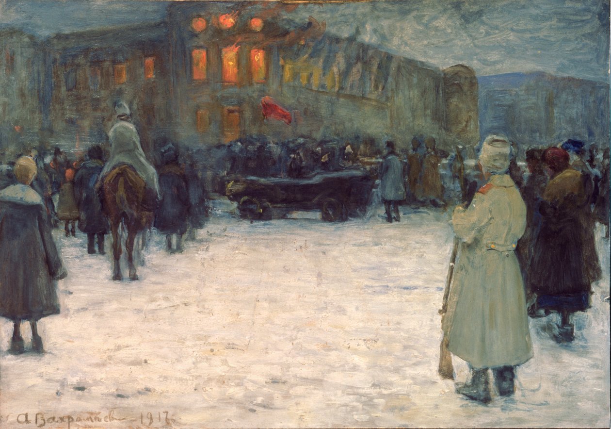 Um incêndio no castelo lituano, Revolução de Fevereiro de 1917, São Petersburgo - Obra de Alexander Ivanovich Vakhrameyev (1874-1926), guache sobre papel de Alexander Vakhrameyev