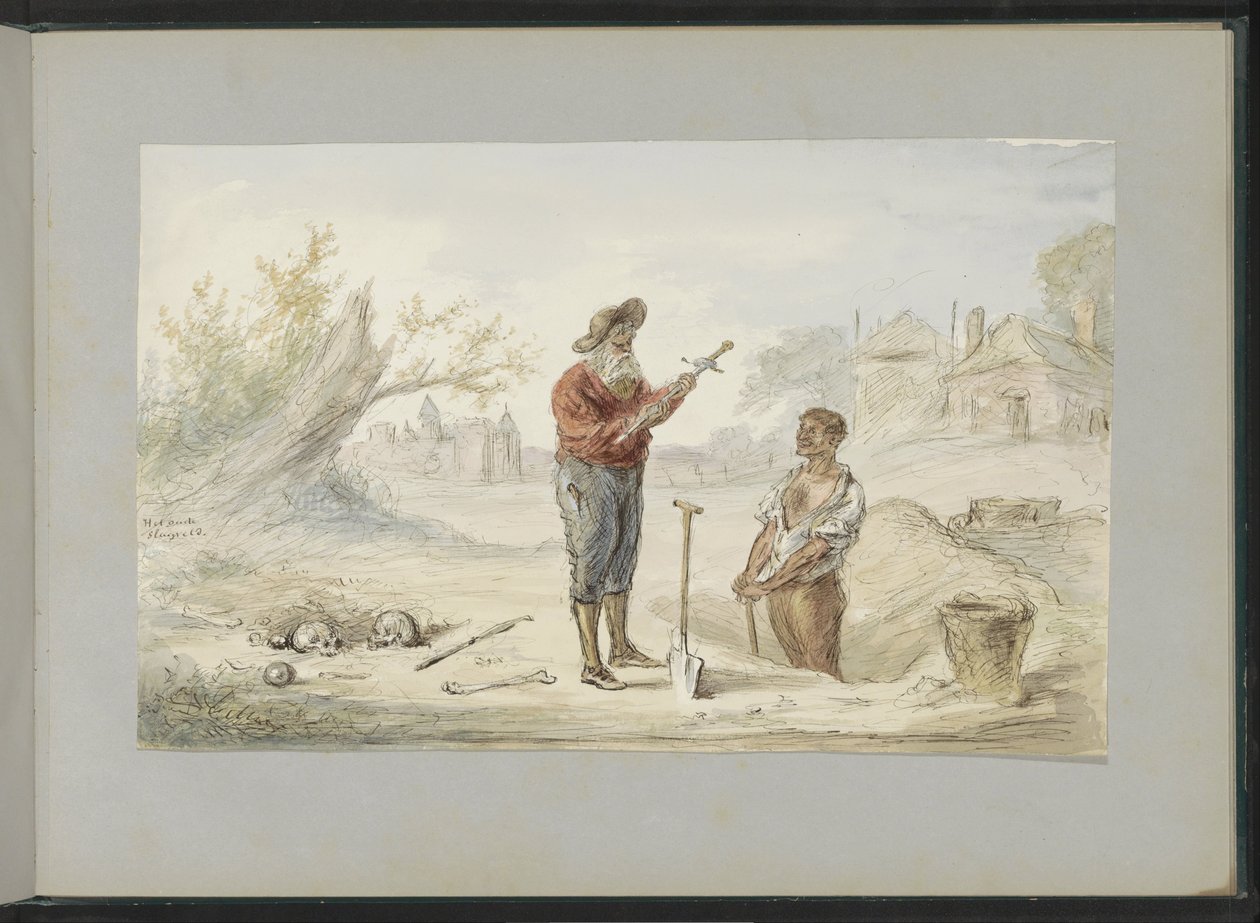 Homem desenterrando uma espada em um antigo campo de batalha de Alexander Ver Huell