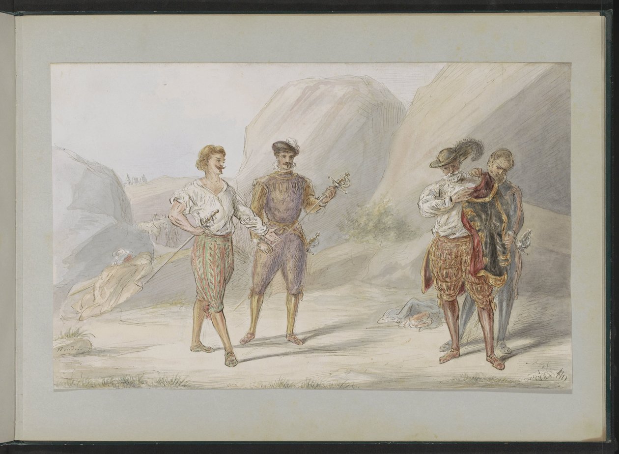 Quatro homens com espadas numa paisagem rochosa de Alexander Ver Huell
