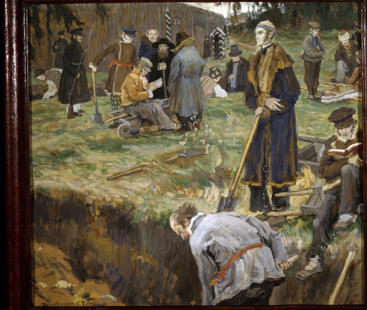 Os Decembristas (ou Decabristas) (Decembrismo) condenados ao exílio em Chita, Sibéria, após a tentativa de golpe de Estado de 14 de Dezembro de 1825. Pintura de Alexander Viktorovich (Alexander Victor) Moravov (1878-1951) de Alexander Viktorovich Moravov
