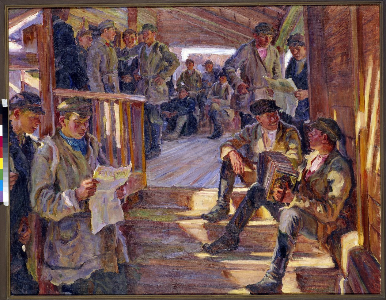 Cena numa estação de recrutamento do exército russo onde homens estão a falar, ler, tocar acordeão. Pintura de Alexander Viktorovich Moravov (Alexander Victor) (1878-1951) de Alexander Viktorovich Moravov