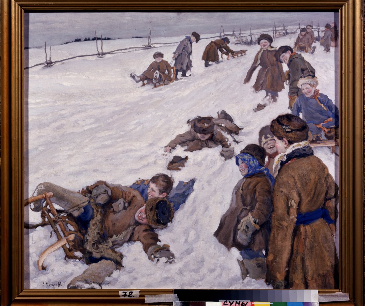 Desportos de Inverno. Cena de trenó, num campo nevado, as crianças vestidas calorosamente estão a divertir-se e a rir-se em voz alta. Pintura de Alexander Viktorovich (Alexander Victor) Moravov (1878-1951), óleo sobre tela de Alexander Viktorovich Moravov