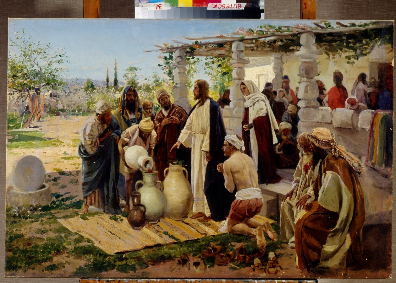 O milagre de transformar água em vinho em Caná (Israel). (Jesus ordena aos criados que encham os frascos com água do poço e faz o primeiro milagre no casamento onde o vinho estava em falta). Pintura de Vladimir Yegorovich Makovsky (Makovsky, Makovsky de Alexander Vladimirovich Makovsky