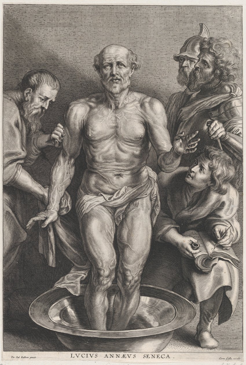 A Morte de Sêneca, de pé no centro com os pés em uma bacia de água, apoiado..., ca. 1655-78. de Alexander Voet