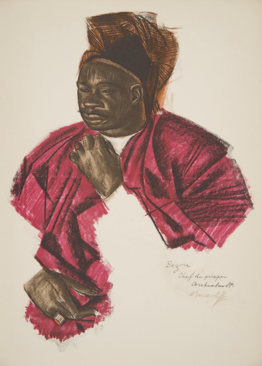 Bezou, líder do grupo (Fort Archambault), de Cartoons and Paintings of Africa, executado durante a expedição Citroen Centre Afrique, segunda missão Haardt Audouin-Dubreuil, pub. Paris, 1927 (Colou) de Alexander Yakovlev