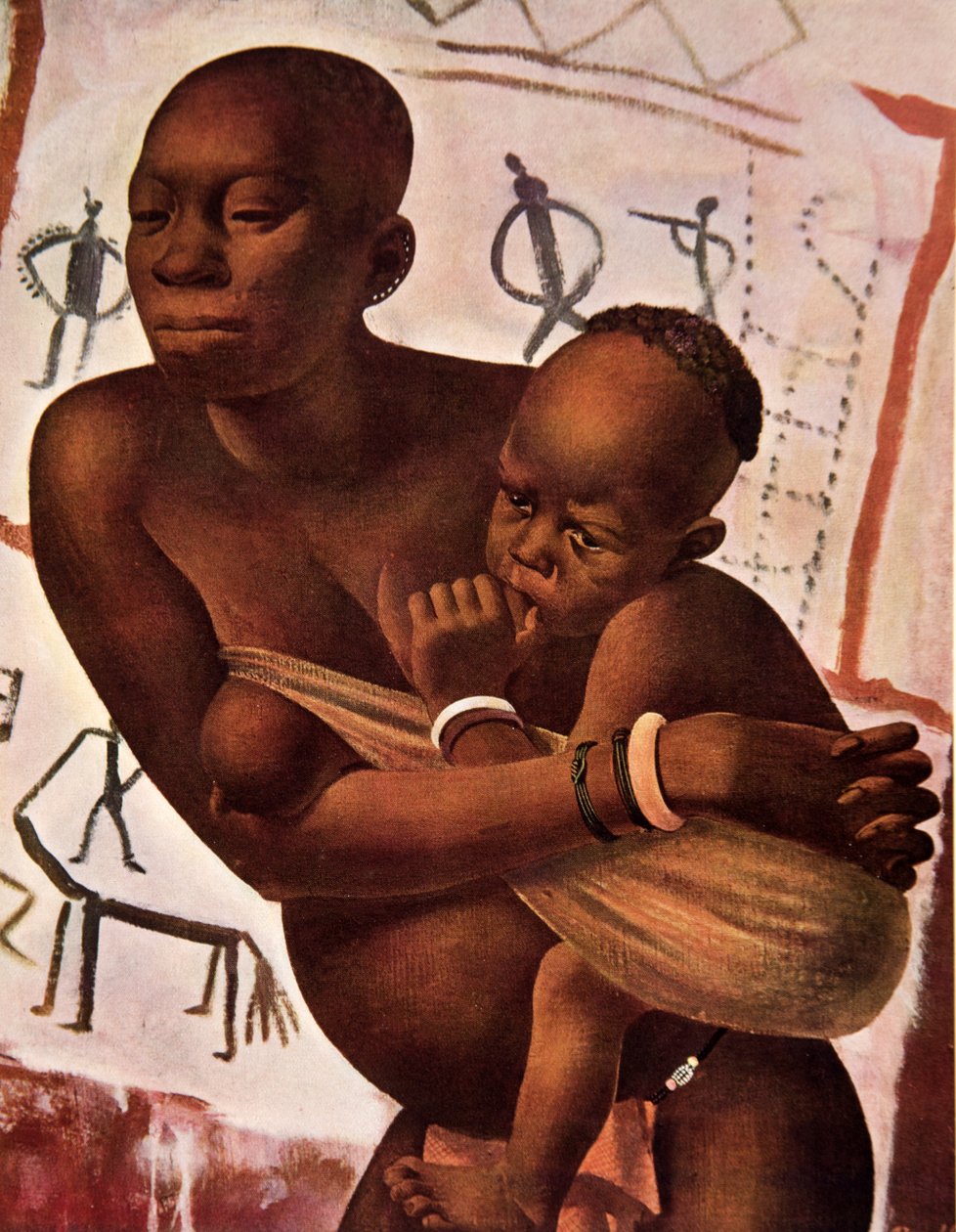 Banda mulher com seu filho, de desenhos e pinturas africanos, executada durante a expedição Citroen Centre Afrique, segunda missão Haardt Audouin-Dubreuil, pub. Paris, 1927 de Alexander Yakovlev