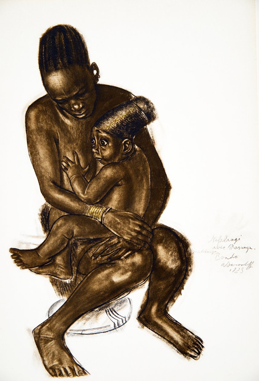 Nafarangui, esposa de Eki Bondo com seu filho (Bondo) Haut Ouelle, de Cartoons and Paintings of Africa, executado durante a expedição do Citroen Centre Afrique, segunda missão Haardt Audouin-Dubreuil, de Alexander Yakovlev