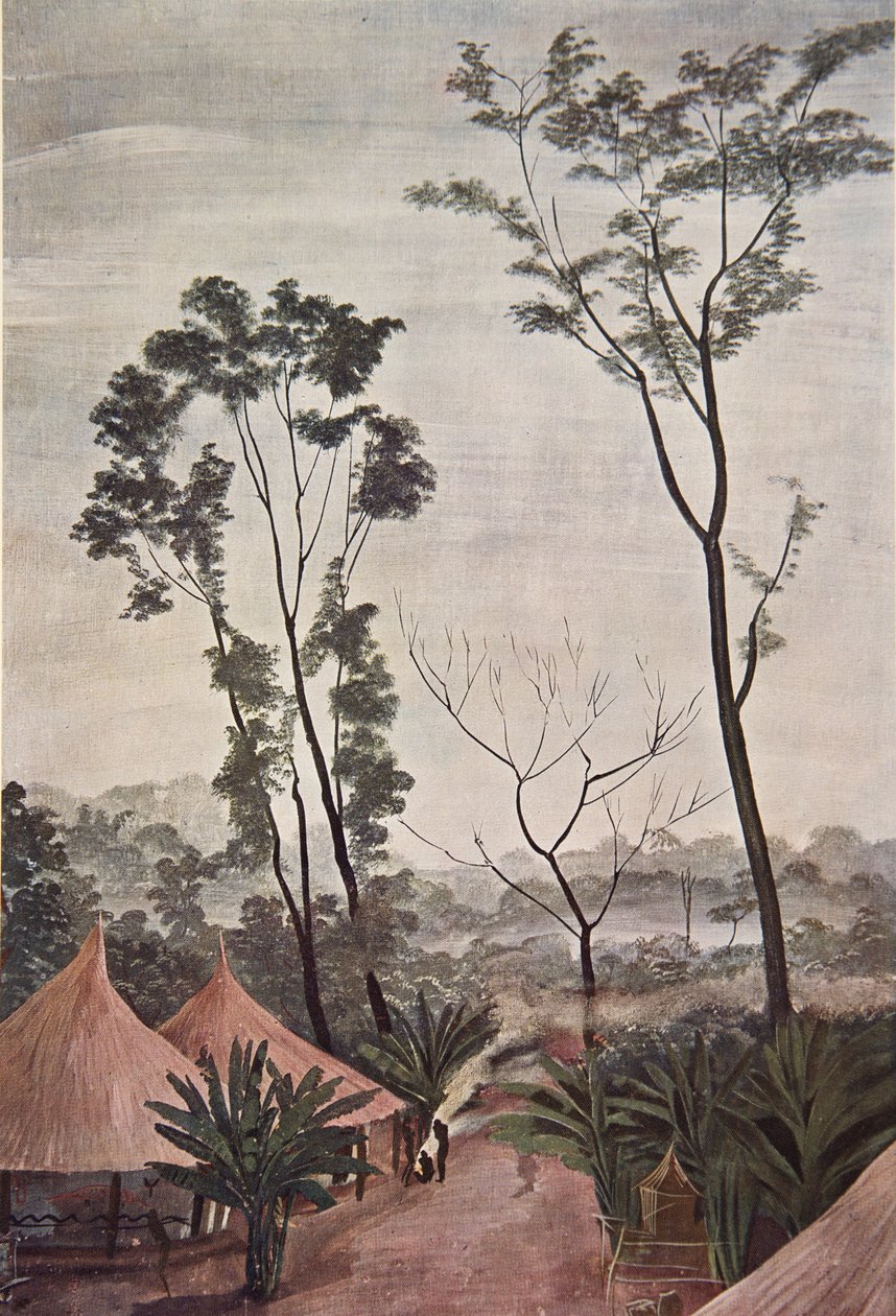 Uma aldeia em Loubangui - Chari, da African Designs and Paintings, executada durante a expedição Citroen Centre Africa, segunda missão Haardt Audouin-Dubreuil, pub. Paris, 1927 (cor litho de Alexander Yakovlev