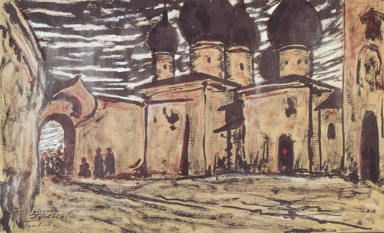 Cenário para a ópera The Pskov Maiden de N. Rimsky-Korsakov, c. de Alexander Yakovlevich Golovin