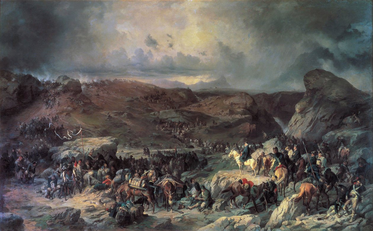 Exército de Alexander Suvorov atravessando a passagem de São Gotardo, em setembro de 1799, no século XIX. de Alexander von Kotzebue