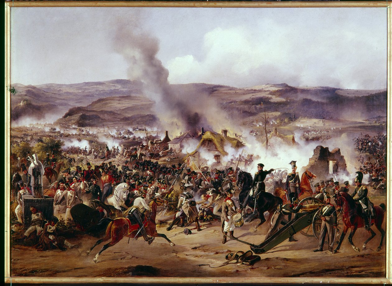 Guerras Napoleônicas: a Batalha de Kulm (atual Chlumec) na Boêmia (República Tcheca) em 30/08/1813 opondo o exército francês a uma coalizão de tropas prussianas, austríacas e russas, durante a campanha alemã. Pintura de Alexandre de Alexander von Kotzebue