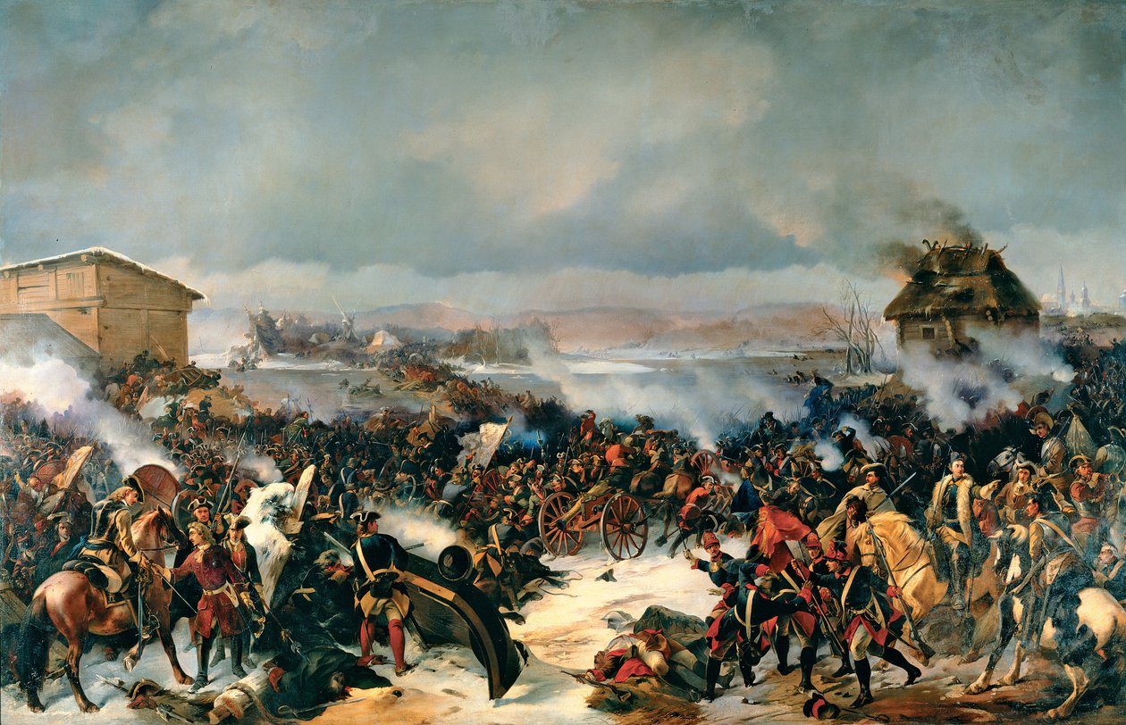 A Batalha de Narva, 19 de Novembro de 1700. Episódio da Grande Guerra do Norte (1700-1721) entre a Suécia e todos os países bálticos, Dinamarca, Polónia e Rússia. Pintura por Alexander (Alexander) von Kotzebue (1815-1889), óleo sobre tela de Alexander von Kotzebue