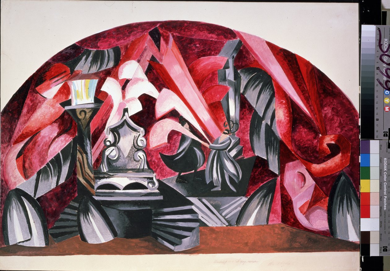 Decor preparatoire pour la peça "Romeo et Juliette" de William Shakespeare (1564-1616) (Desenho de palco para a peça Romeo and Juliette de William Shakespeare) - Oeuvre de Alexandra Alexandrovna Exter (1882-1949), gouache sur carton de Alexandra Alexandrowna Exter